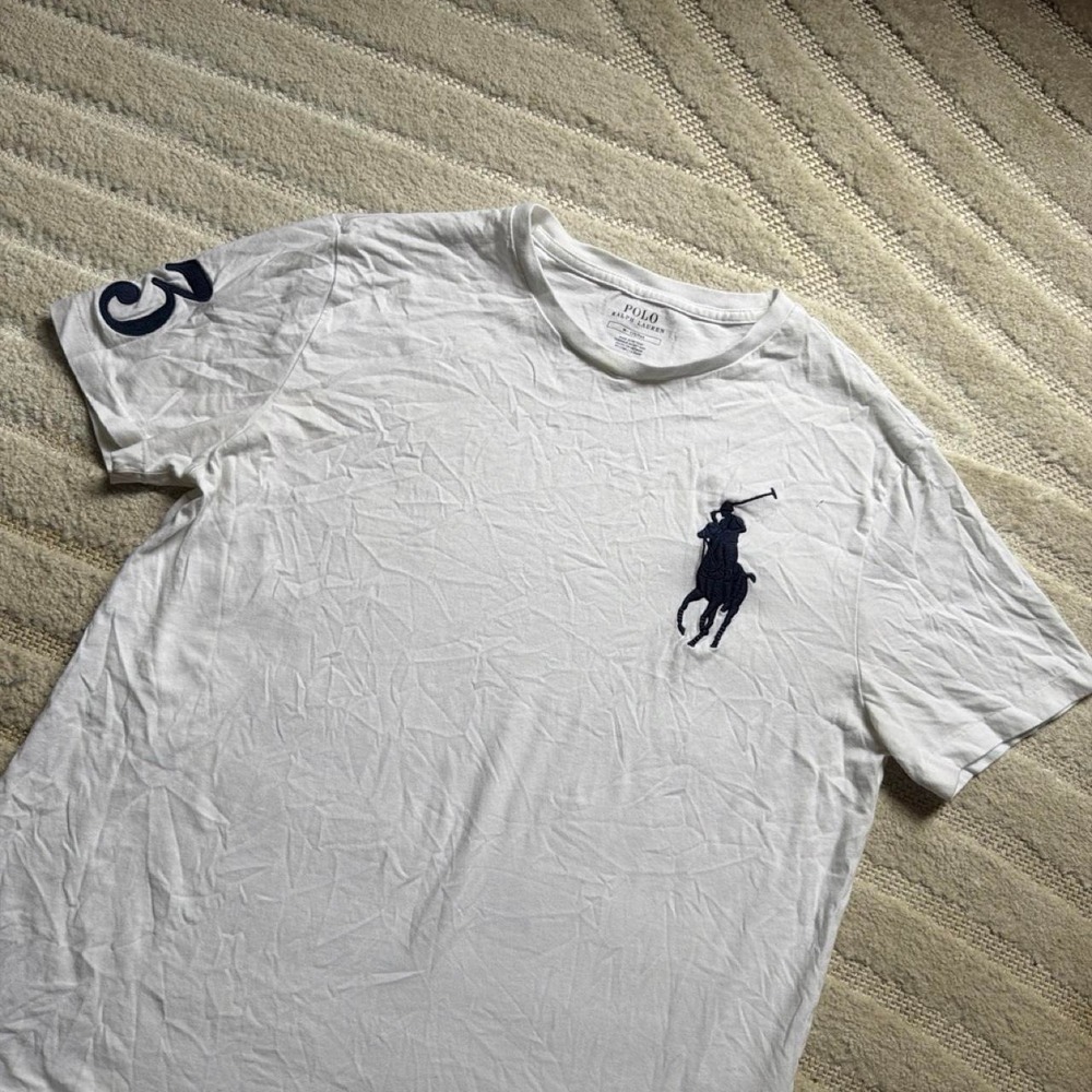 Polo Ralph Lauren Shirt Men Medium White Blue Big Pony Preppy Cotton Patch Retri